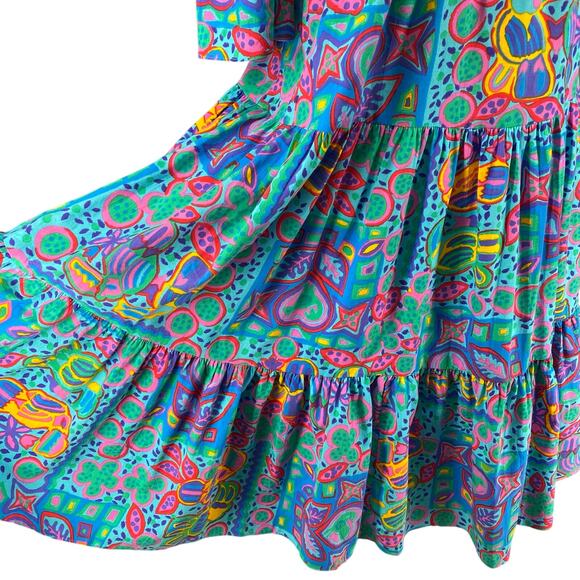 Vtg 80s 90s Two Potato Laguna Beach Artsy Midi Tiered Muumuu Dress XS Cotton NOS - Picture 8 of 16